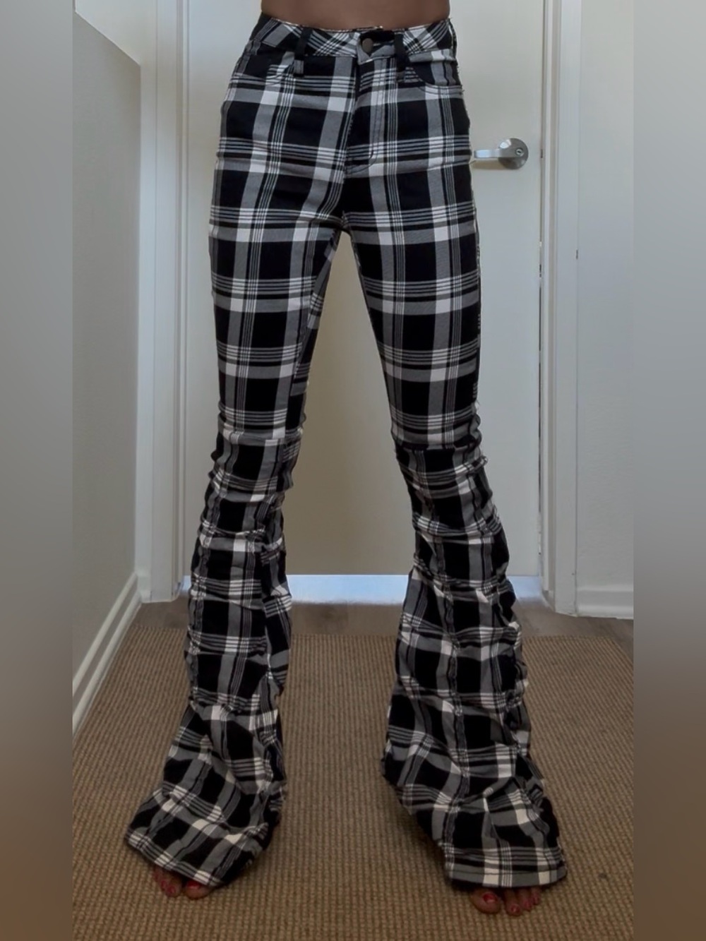 Black and White Plaid Flared Pants